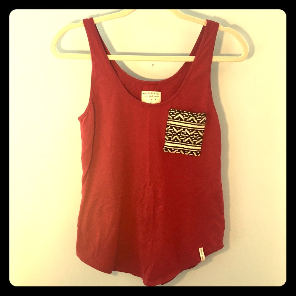 Burgundy red cotton tank top, woven Aztec pocket